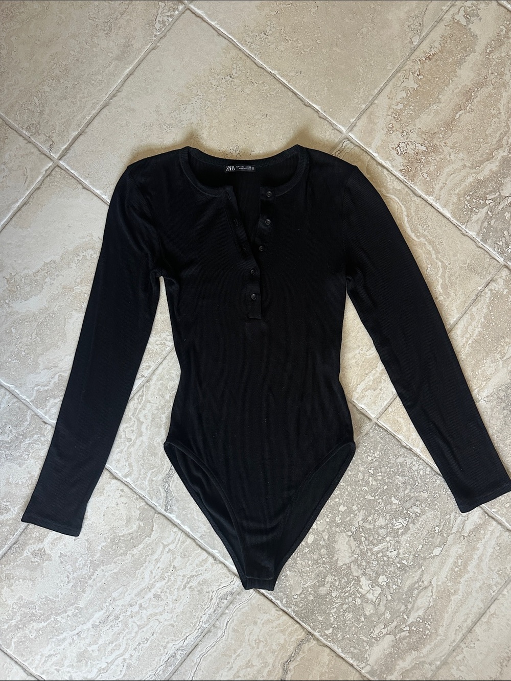 Zara Black Long-Sleeve Henley Bodysuit